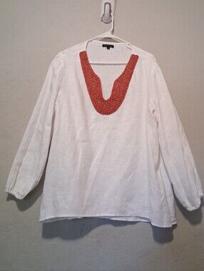 For Cynthia 100% Linen White Tunic Top Blouse Vneck Long Sleeve XL ‎ Summer